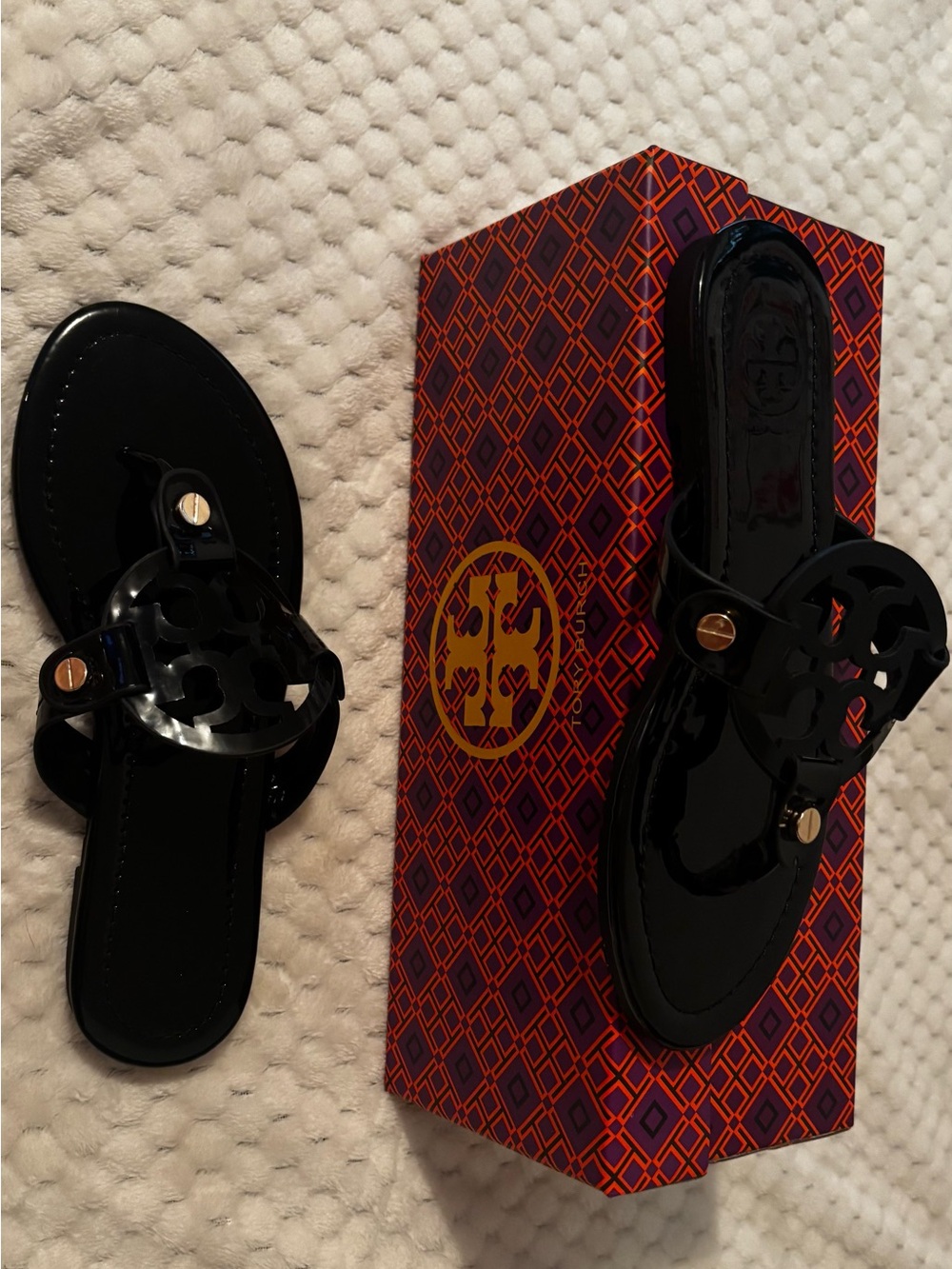 Tory Burch Black Patent Logo Thong Sandals